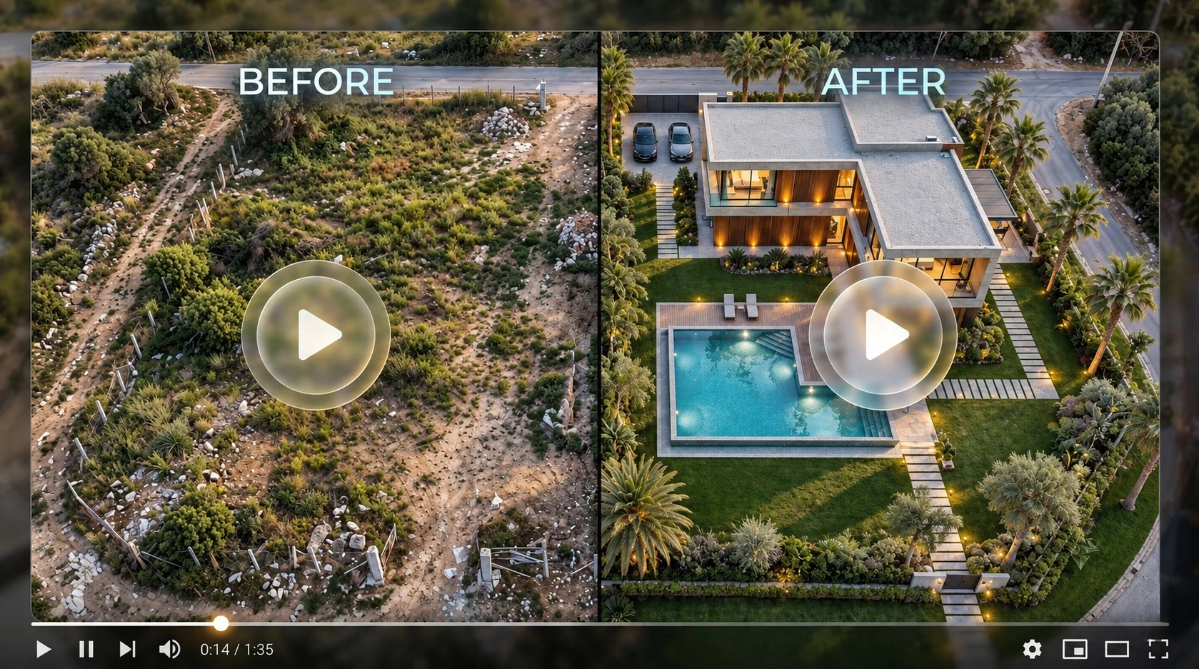 Before & after project visualization with natural planting and detailed architectural materials