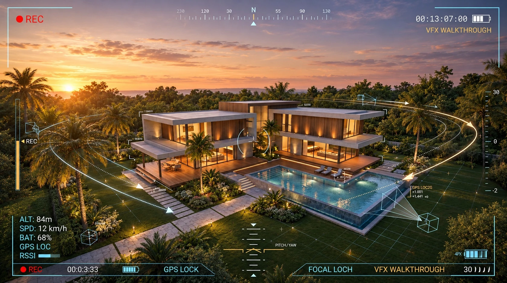 Aerial VFX visualization with natural planting and detailed architectural materials
