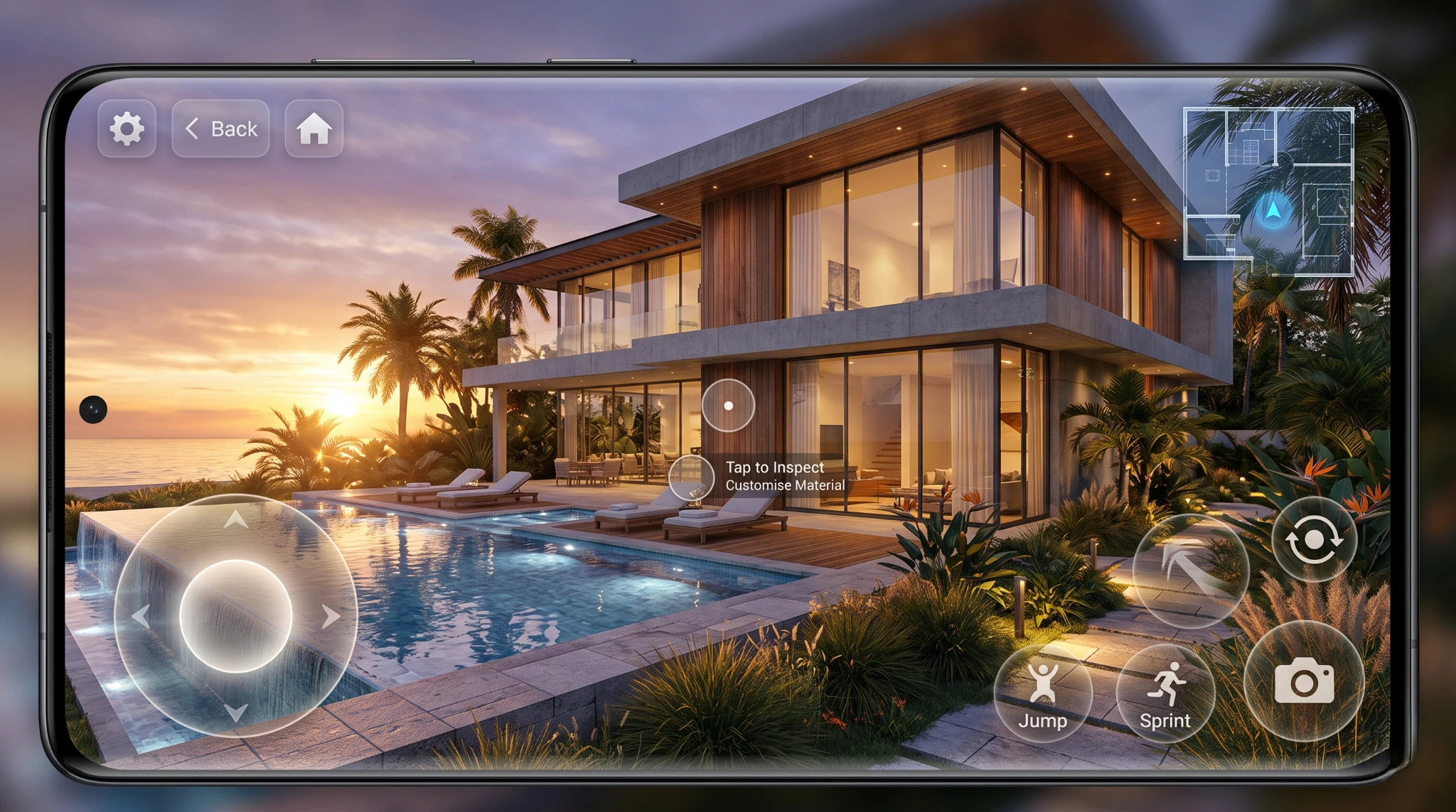 First-person exterior walkthrough shown on a phone with game-style navigation controls