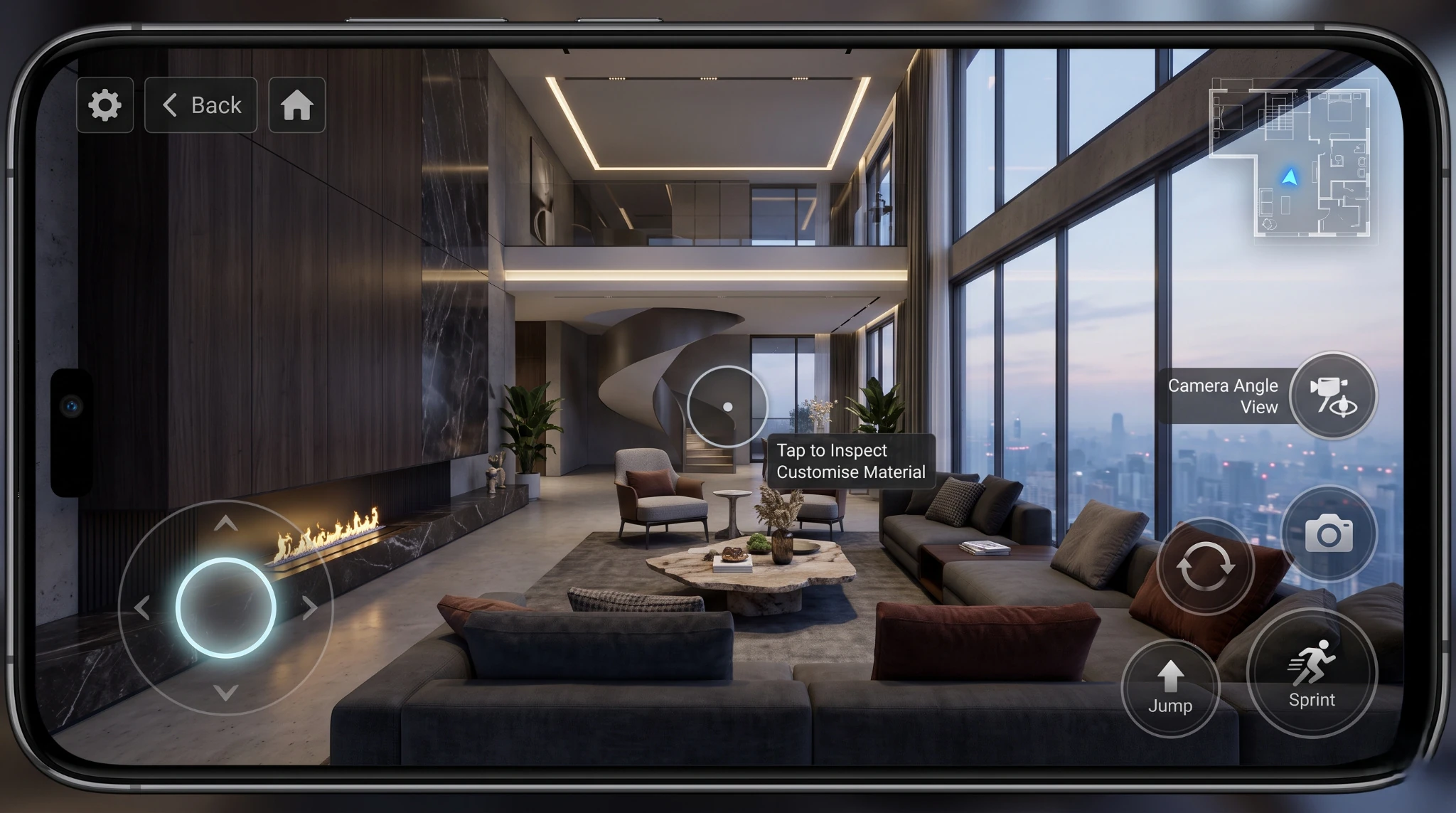 First-person interior walkthrough shown on a phone with game-style navigation controls