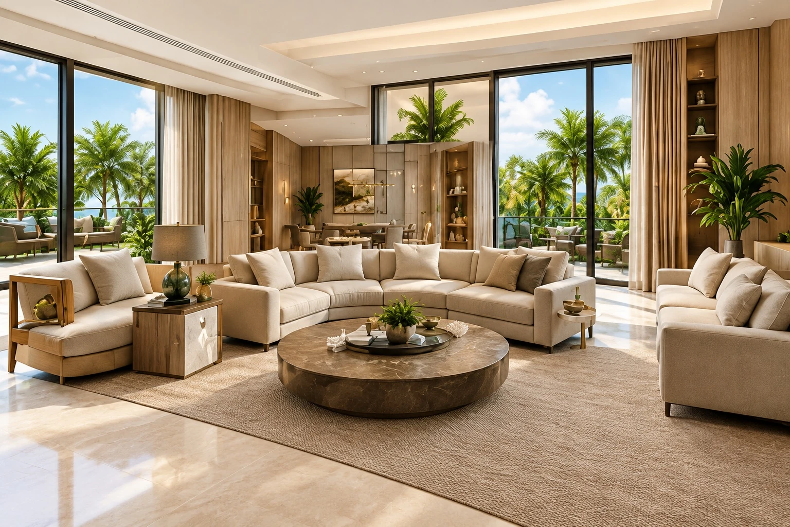 Sunlit contemporary living room with cream seating and tropical views