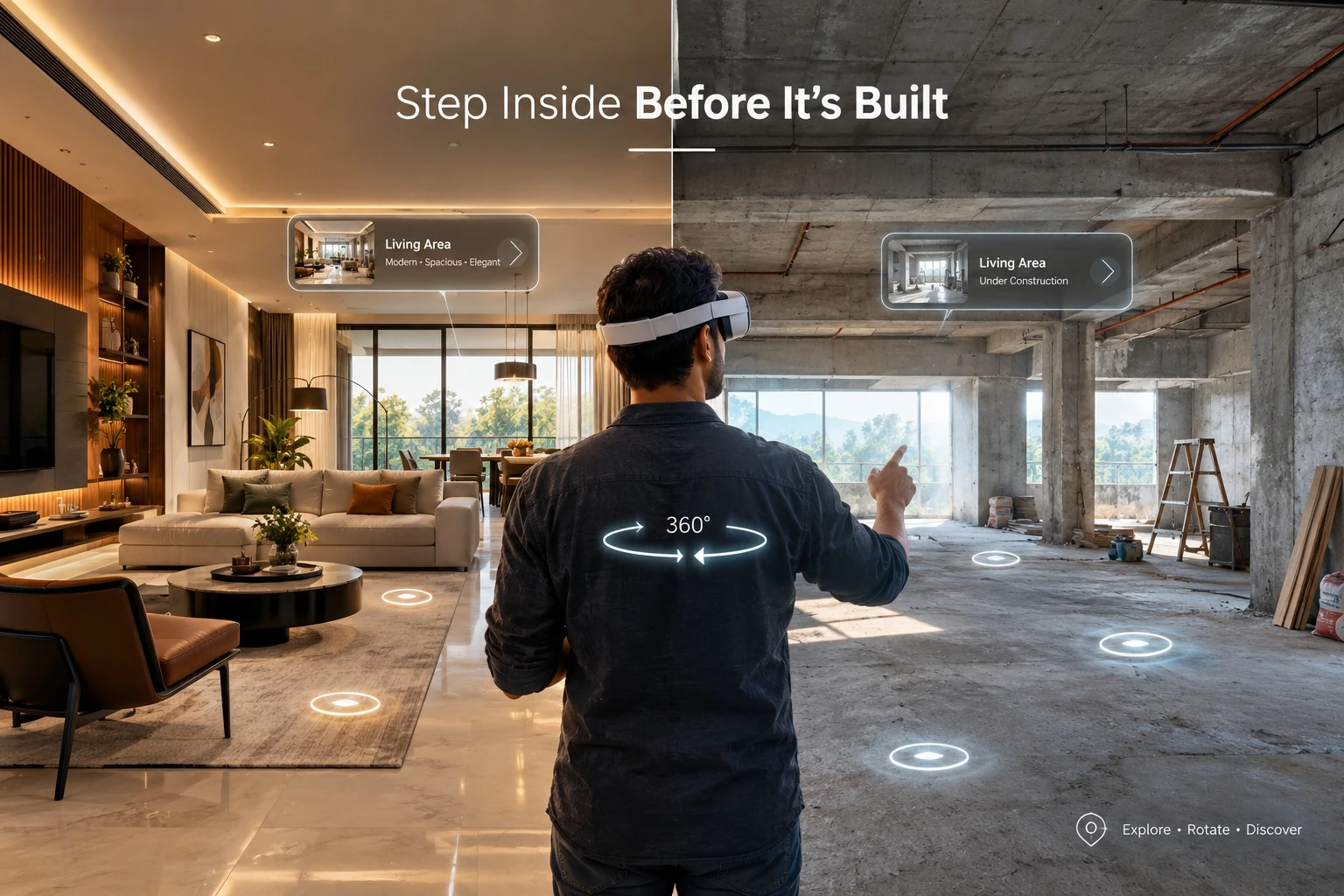Step Inside Before It’s Built: a person wearing a VR headset explores a finished interior alongside the space under construction